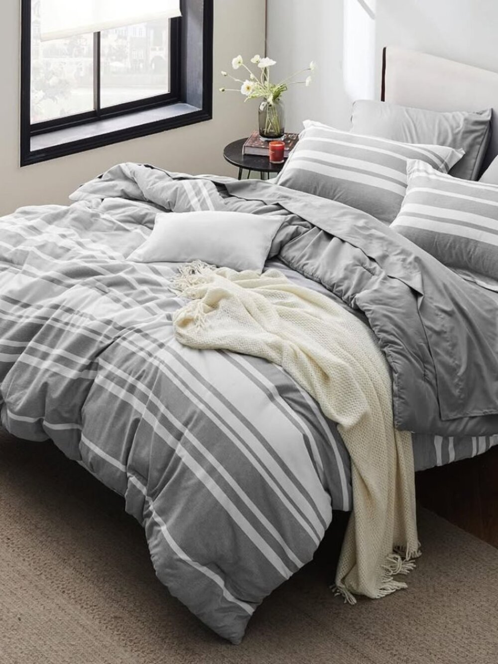 Queen Bedsure Bed In A Bag 7 Pieces, Blue White Striped Bedding Comforter Sets